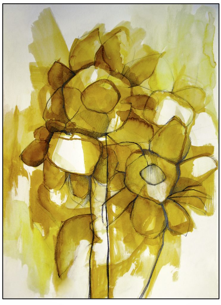 "Girasoles"· Grafito, acuarela y tinta sobre papel. 50 x 40 cm. Obra de Nuria Giles